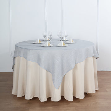 72"x72" Silver Slubby Textured Linen Square Table Overlay, Wrinkle Resistant Polyester Tablecloth Topper