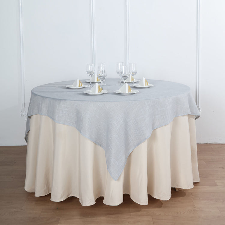 Silver Square Linen Table Overlay 72 Inch x 72 Inch Resistant To Wrinkles Slubby Textured