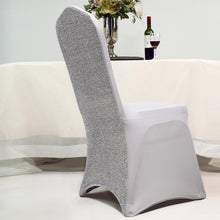 Silver Spandex Stretch Fitted Banquet Chair Cover with Metallic Shimmer Tinsel Back
