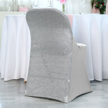 Silver Spandex Stretch Fitted Folding Chair Covers with Metallic Shimmer Tinsel Back