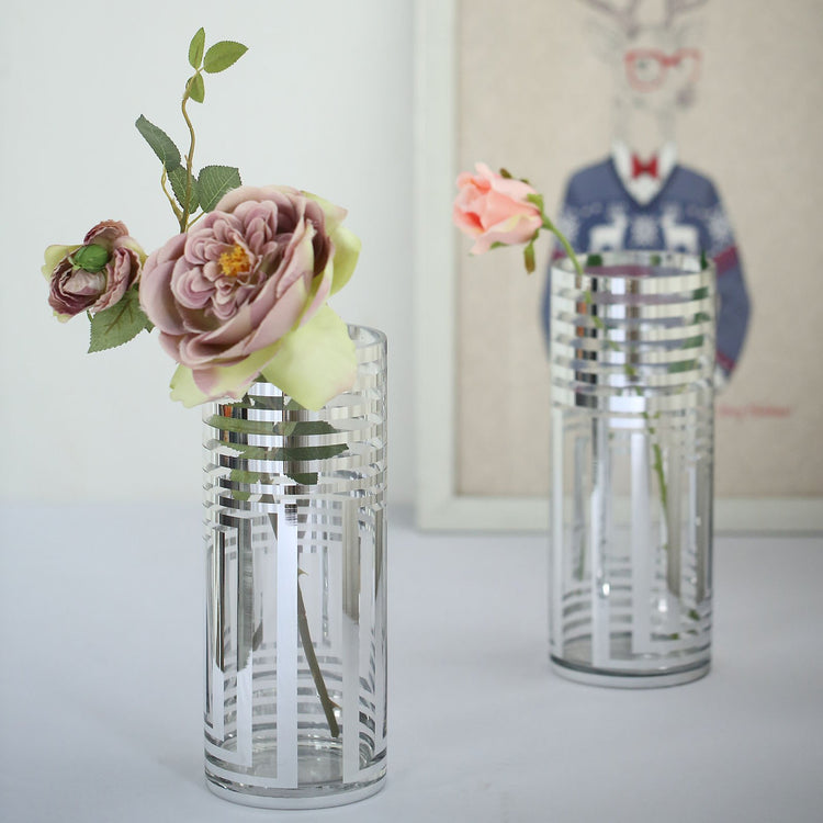 2 Pack 11 Inch Silver Striped Cylinder Glass Vases