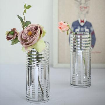 2 Pack Silver Striped Cylinder Glass Vase Flower Centerpieces 11"