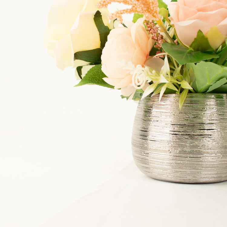 3 Inch - Indoor Silver Ceramic Round Brushed Floral Vase Pots- 4 Pack