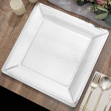 10 Pack | 13" Silver Textured Disposable Square Serving Trays, Leather Like Cardboard Charger Plates - 1100 GSM