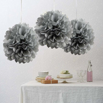 6 Pack Silver Tissue Paper Pom Poms Flower Balls, Ceiling Wall Hanging Decorations 10"
