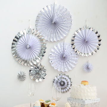 Set of 8 | Silver / White Hanging Paper Fan Decorations, Pinwheel Wall Backdrop Party Kit - 4", 8", 12", 16"