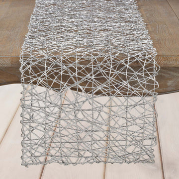 16"x72" Silver Wire Nest Table Runner, Metallic String Woven Runner