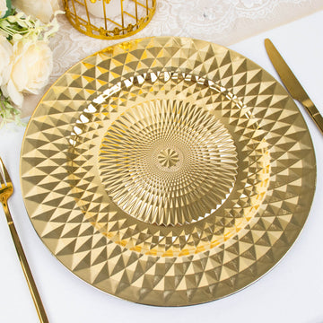 6 Pack Sparkling Gold Diamond Disposable Dinner Serving Plates, Shiny Round Plastic Charger Plates 13"