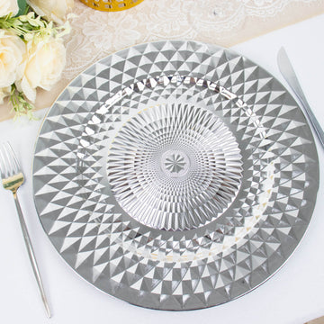 6 Pack Sparkling Silver Diamond Disposable Dinner Serving Plates, Shiny Round Plastic Charger Plates 13"