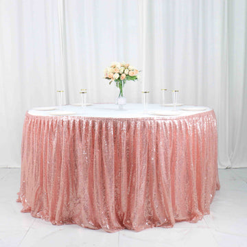 17ft Sparkly Rose Gold Sequin Pleated Satin Table Skirt With Top Velcro Strip