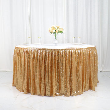Sparkly Gold Sequin Pleated Satin Table Skirt With Top Velcro Strip 17ft