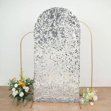 Sparkly Silver Double Sided Big Payette Sequin Fitted Wedding Arch Cover For Round Top Chiara Backdrop Stand 7ft