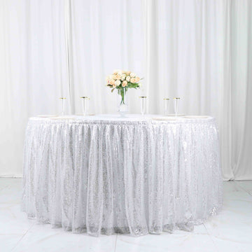 17ft Sparkly Silver Sequin Pleated Satin Table Skirt With Top Velcro Strip