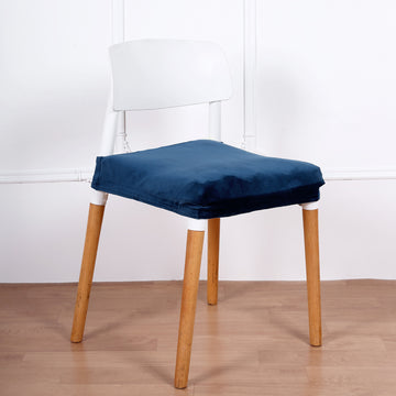 Stretch Navy Blue Dining Chair Seat Cover, Velvet Chair Cushion Protector With Tie