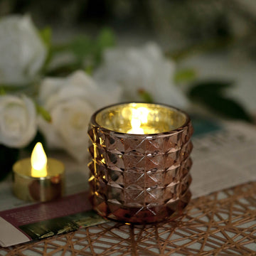 6 Pack Studded Rose Gold Mercury Glass Votive Holders, Faceted Tealight Candle Holders 3"