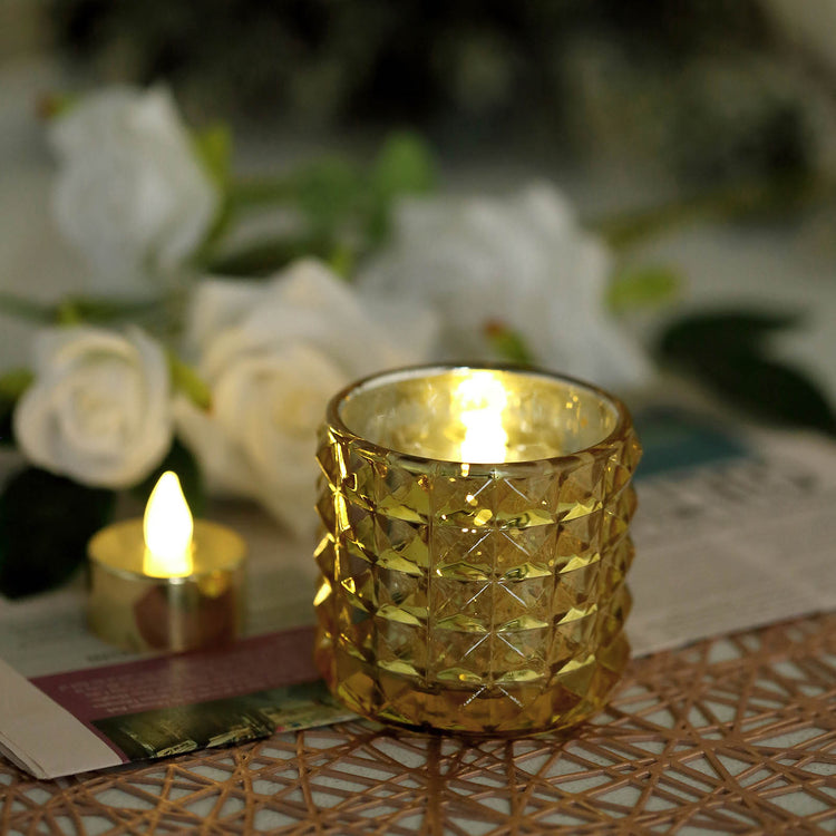 Gold Mercury Glass Votive and Tealight Holders 3 Inch with Studs and Faceted Design 6 Pack