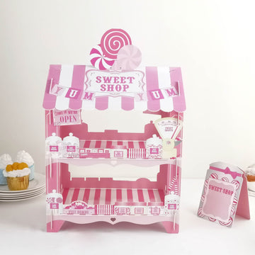 18" 2-Tier Sweet Shop Cardboard Cupcake Dessert Stand, Lollipop Holder, Disposable Candy Cart