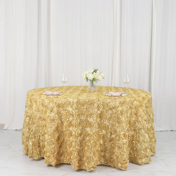 Champagne Seamless Grandiose 3D Rosette Satin Round Tablecloth 120