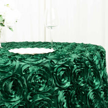 120 Inch Satin Round Tablecloth In Hunter Emerald Green 3D Rosette Style