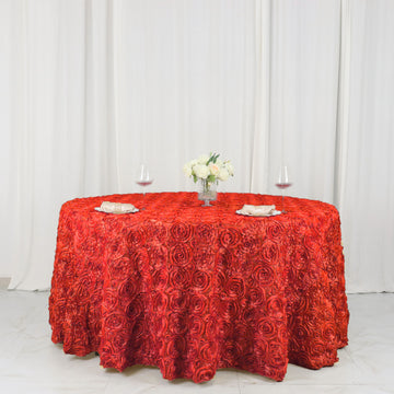 Create a Luxurious Atmosphere with the Red Seamless Grandiose 3D Rosette Satin Round Tablecloth 120