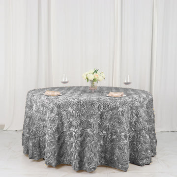 Create a Whimsical Paradise Garden with Silver Seamless Grandiose 3D Rosette Satin Round Tablecloth 120
