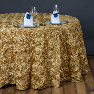 Elegant gold rose-patterned tablecloth with set dining table.