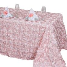 Grandiose 3D Rosette Satin Rectangle Tablecloth 90 Inch x 132 Inch In Blush Rose Gold
