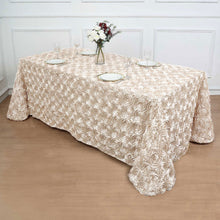 Beige Satin 90 Inch X 132 Inch Rectangle Tablecloth With Grandiose 3D Rosette Design