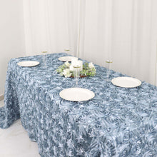 Grandiose 3D Rosette Design on Dusty Blue 90 Inch x 132 Inch Satin Rectangle Tablecloth
