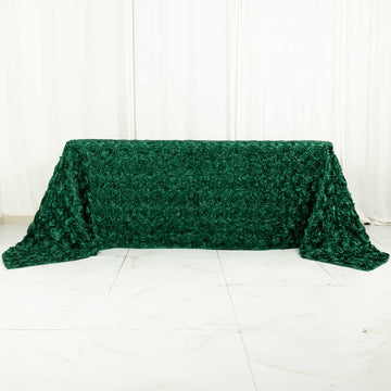Elevate Your Event with the Hunter Emerald Green Seamless Grandiose 3D Rosette Satin Rectangle Tablecloth