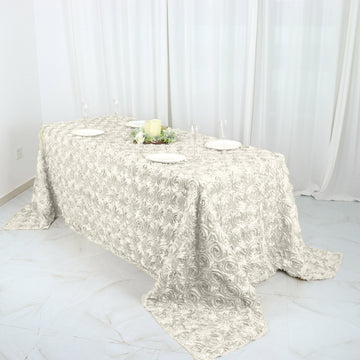 Elegant Ivory Seamless Grandiose 3D Rosette Satin Rectangle Tablecloth 90"x132"