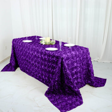 Elegant Purple Seamless Grandiose 3D Rosette Satin Rectangle Tablecloth 90"x132"