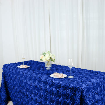 Create a Stunning Blue Event Decor with the Royal Blue Seamless Grandiose 3D Rosette Satin Rectangle Tablecloth