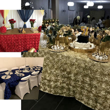 Satin Rectangle Tablecloth 90 Inch x 156 Inch In Blush Rose Gold Grandiose 3D Rosette