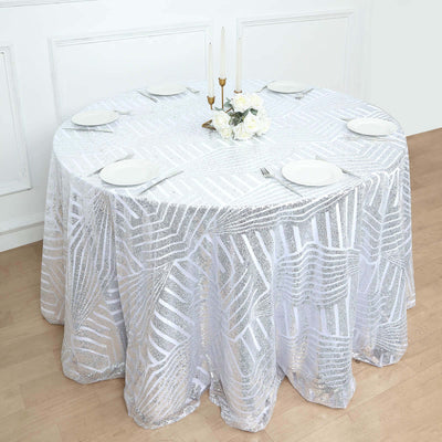 Round silver sequined tablecloth with elegant design for events and parties.