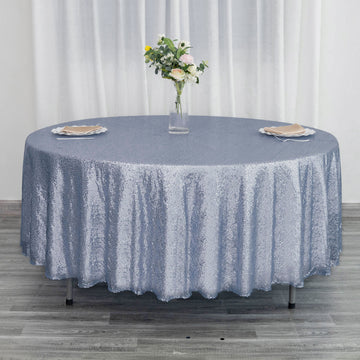 Elevate Your Event with the Dusty Blue Seamless Premium Sequin Round Tablecloth 108