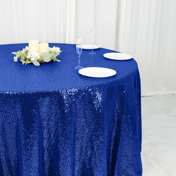 Create Unforgettable Memories with the Royal Blue Seamless Premium Sequin Round Tablecloth 120