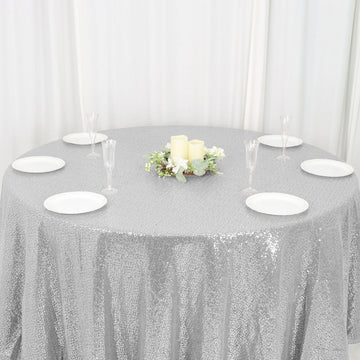 Add a Touch of Luxury to Your Event Decor with the Silver Seamless Premium Sequin Round Tablecloth 120