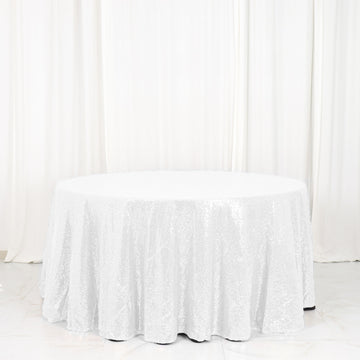Elevate Your Event with the White Seamless Premium Sequin Round Tablecloth 120