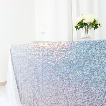 Create a Magical Ambiance with the Iridescent Blue Seamless Premium Sequin Rectangle Tablecloth