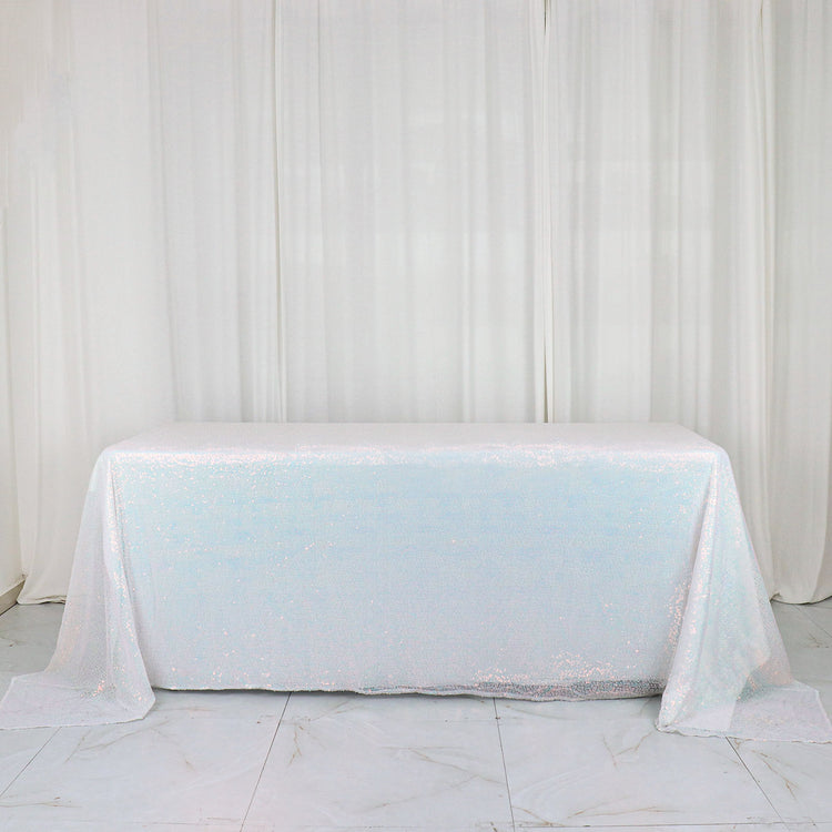 Rectangle Sequin Tablecloth 90 Inch x 132 Inch in Iridescent Blue Color