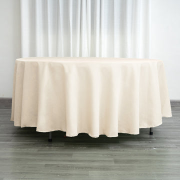 Create a Chic and Sophisticated Ambiance with the Beige Seamless Polyester Round Tablecloth 108"