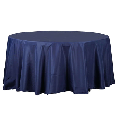 Navy round tablecloth with elegant draping