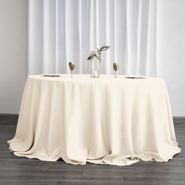 Elevate Your Event with the Beige Seamless Polyester Round Tablecloth 132"