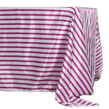 Create a Striking Tablescape with the White/Fuchsia Seamless Stripe Satin Rectangle Tablecloth