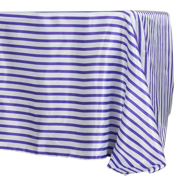 Create a Stunning Tablescape with the White/Purple Seamless Stripe Satin Rectangle Tablecloth 60"x126"