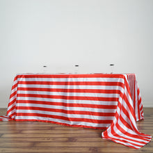 90"x132" | Stripe Satin Rectangle Tablecloth | Red & White | Seamless