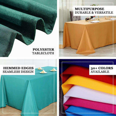 Polyester tablecloths in various colors with hemmed edges