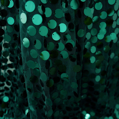 Close-up of shimmering green sequin fabric texture.