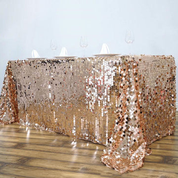 Experience the Luxury of the Rose Gold Seamless Big Payette Sequin Rectangle Tablecloth